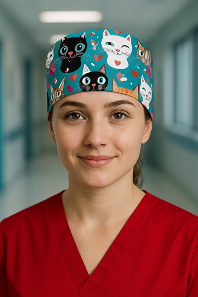 Lion Üniforma Süslü Kedi Desenli Cerrahi Bone Unisex – Likralı Doktor Hemşire...