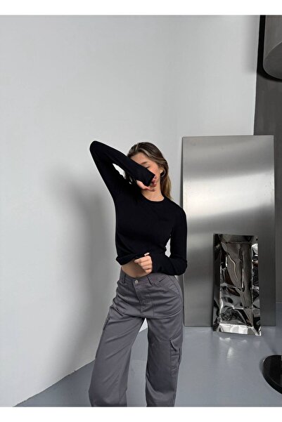 Moda Banuş Black Stretchy Buzzy Fabric Finger-Through Selim Fit Bodysuit