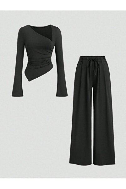 blck & premium Asimetrik Yaka Bluz Palazzo Pantolon Takım Ottoman Kumaş Usa T...