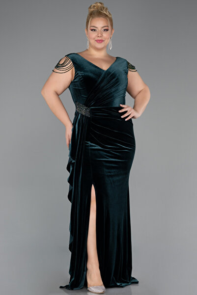 Abiyefon Zümrüt Yeşili Yırtmaçlı Uzun Kadife Büyük Beden Abiye ABU5428