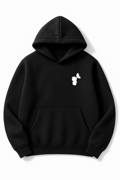 Altair Tr قصة فضفاضة سويت شيرت للجنسين على شكل فراشة ودب مطبوع بغطاء رأس