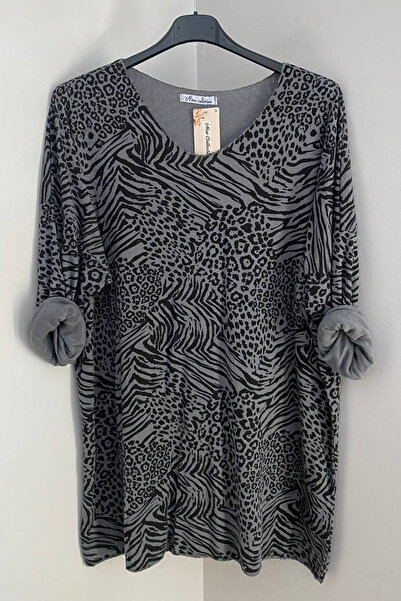 AYASOFYA OTANTIK Bluză tunică extra lungă pentru femei, albastru bleumarin, cu decolteu în V, cu imprimeu leopard și zebră