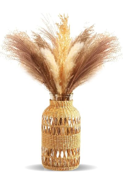 The Bros Rattan Boho Vase, Hand Woven Wicker Cover Glass Flower Vase for Boho Style