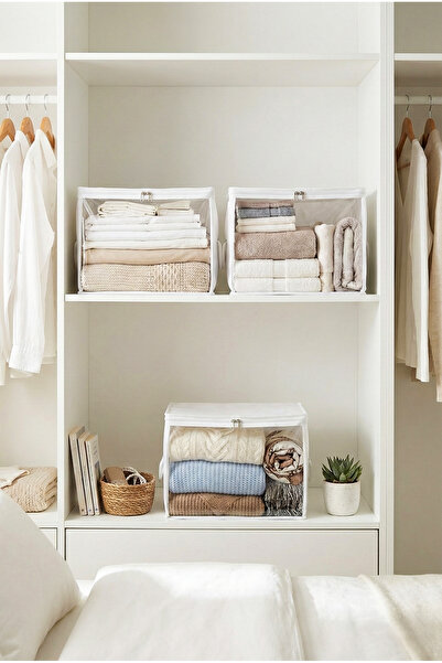 REKHOME 3 Adet Pencereli Beyaz Küçük Boy Baza Altı, Valiz Düzenleyici Çeyizlik Bohça Hurcu / 30x22x18