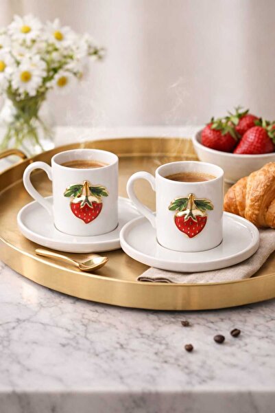 Dekorasyaa Set of 2 Ceramic Coffee Cups - 90 ml - Strawberry Pattern