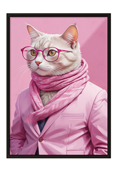 Zestia Pictură de perete înrămată în negru, portret de pisică în set roz – De...