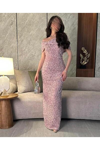 ELHAM FASHION فستان سهره وردي مطرز بالكامل بتصميم راقي