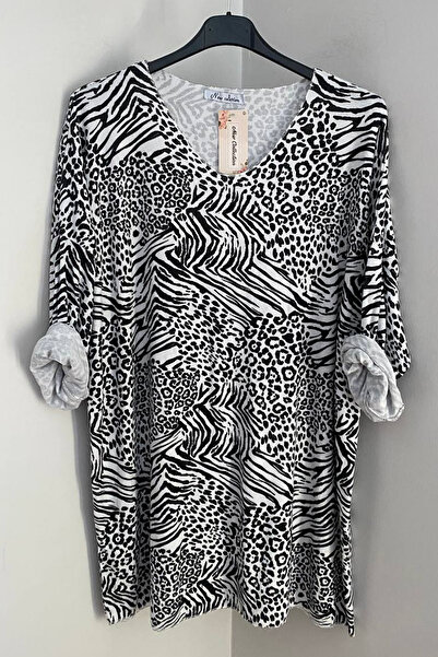 AYASOFYA OTANTIK Women's Italian White V-Neck Leopard Zebra Patterned Extra Long Blouse Tunic