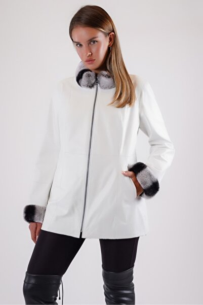 Leather Club Beyaz Çift Taraflı Yün Aksesuarlı Hakiki Deri Ceket