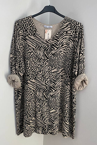 AYASOFYA OTANTIK Bluză tunică extra lungă pentru femei, bej italian, cu decolteu în V, cu imprimeu leopard și zebră