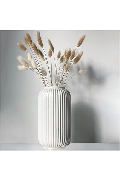 The Bros 8 Inch White Ceramic Ribbed Vase, Geometric Design