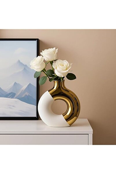 The Bros Creative Doughnut Shaped Round Vase (White & Gold, Large)