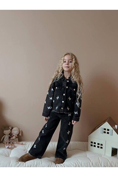 lesa kids wear Girl's Butterfly Embroidered Denim Jacket Suit