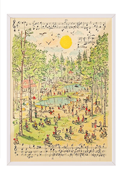 Zestia Pictură de perete înrămată albă cu note muzicale și peisaj de parc Dec...