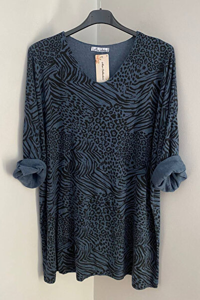 AYASOFYA OTANTIK Bluză tunică extra lungă pentru femei, albastru indigo, cu decolteu în V, cu imprimeu leopard și zebră