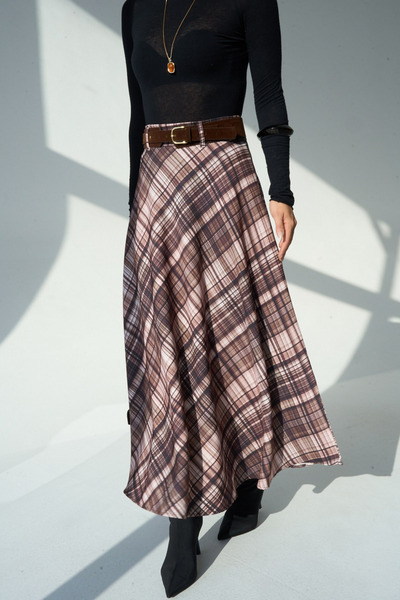 LOOSH Kadın Kahve Ekose Desenli Kemer detaylı Etek