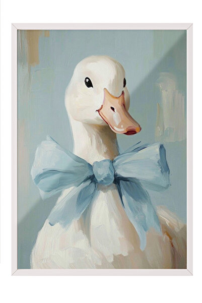 Zestia Pictură de perete înrămată cu rame albe, rață drăguță cu fundă albastr...