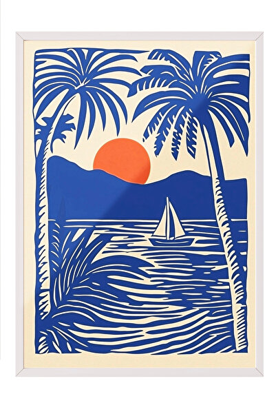Zestia Стена с бяла рамка, синьо-оранжево палмово дърво и ветроходна лодка, д...