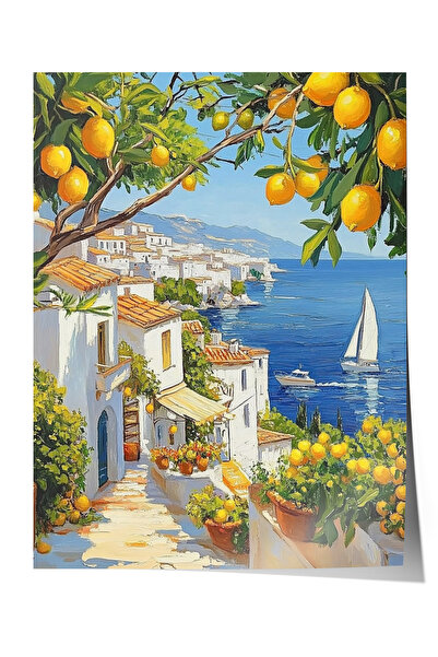 Zestia Poster Akdeniz Sahili Limon Ağacı ve Deniz Manzarası Salon Dekoru