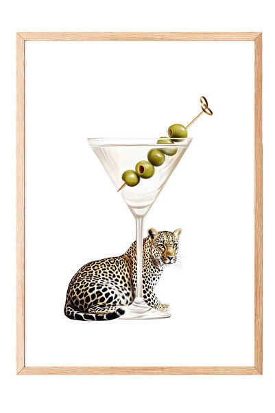 Zestia Tablou de perete cu ramă din lemn, ilustrație Leopard cu Martini – Dec...