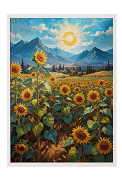 Zestia Pictură de perete înrămată în alb, peisaj cu câmp de floarea-soarelui ...