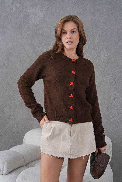 Park Karon Women's Crew Neck Heart Button Detail Soft Textured Knitwear Jacket 8569Sw