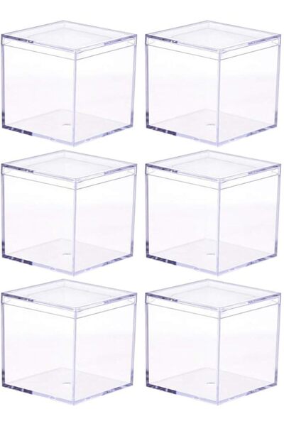 The Bros Acrylic Plastic Square Cube Small Plastic Storage Box with Lid, Clear, 6 Pieces, 8.5cm