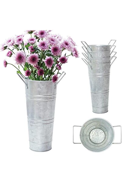 The Bros مزهريات معدنية مجلفنة، مزهريات زهور على شكل دلو ريفي، 9 بوصات، مجموعة من 4 قطع