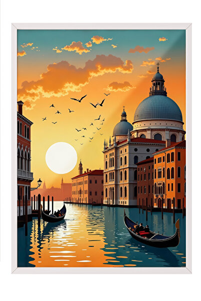 Zestia Ζωγραφική τοίχου με λευκό πλαίσιο Βενετίας με ηλιοβασίλεμα και σκηνικό...