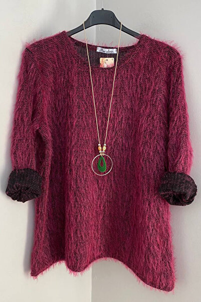 AYASOFYA OTANTIK Bluză pulover pentru femei, italiană, liliac, cu gât rotund, cu accesorii pentru colier, tricotaje casual cu barbă