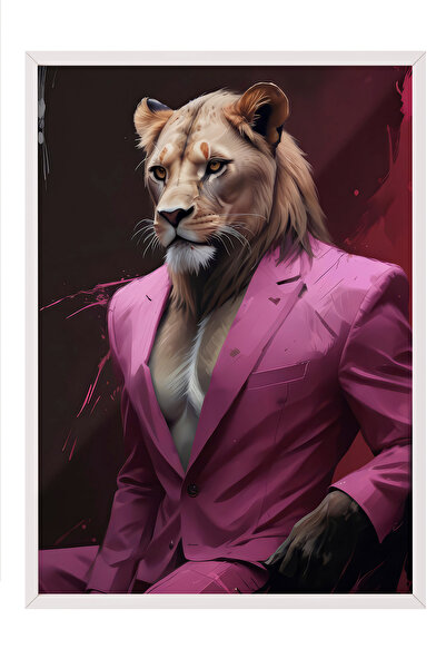 Zestia Ζωγραφική τοίχου με λευκό πλαίσιο Πορτρέτο λιονταριού με ροζ σετ – Δια...