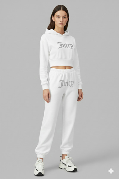 Bozz&Bozz Collection Women Juicy Crystal Stone Printed Tracksuit Set Hoodie Crop Sweatshirt Jogger Sweatsuit Two Piece Set