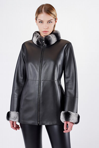 Leather Club Siyah Çift Taraflı Yün Aksesuarlı Hakiki Deri Ceket