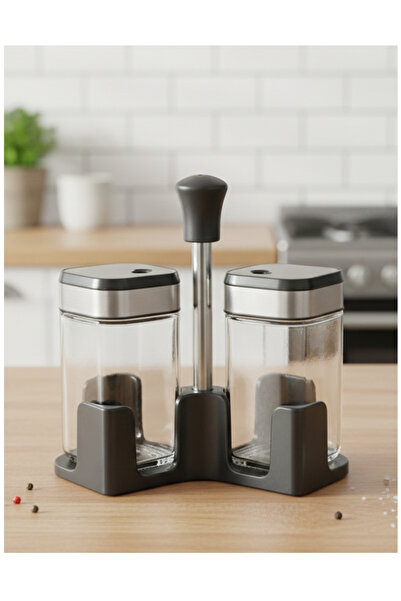 Fark Teknoloji وعاء توابل مزدوج للملح والفلفل مع حامل