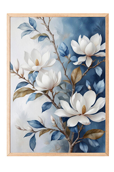 Zestia Tablou de perete cu rame din lemn, ramuri albe de magnolie, decor pent...