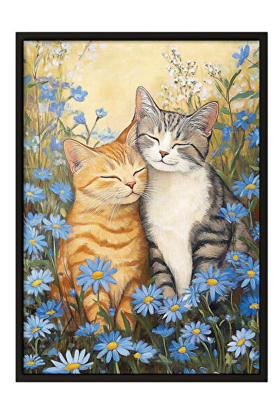 Zestia Ζωγραφική τοίχου με μαύρο πλαίσιο Happy Cats Garden Διακόσμηση σαλονιού