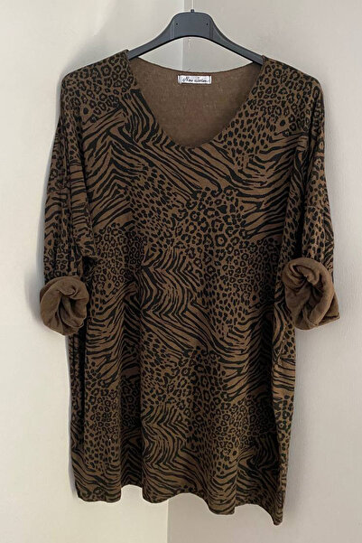 AYASOFYA OTANTIK Bluză tunică extra lungă pentru femei, maro italiană, cu dec...