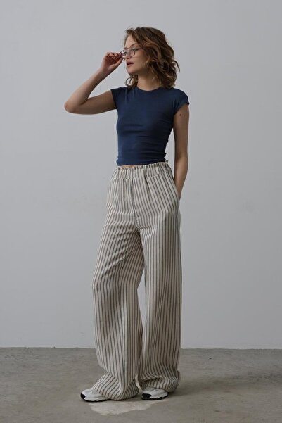 Adora Moda Ριγέ βαμβακερό ελαστικό παντελόνι - Μπεζ-Μπλε