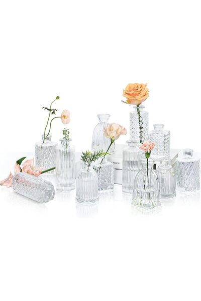 The Bros Glass Bud Vase Set of 12 (Clear) - Mini Vintage Bottle for Centerpieces & Table Decorations