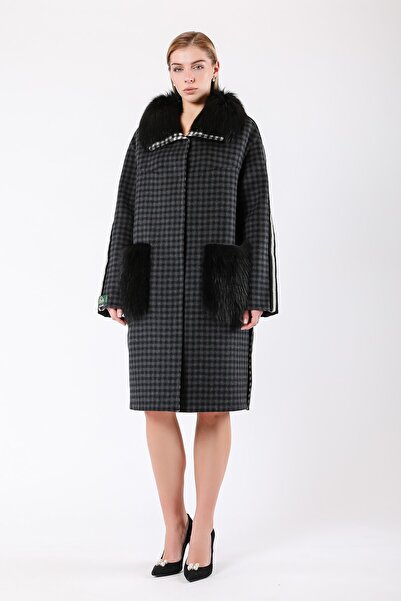 Leather Club Siyah Ekoseli Yün Kaban