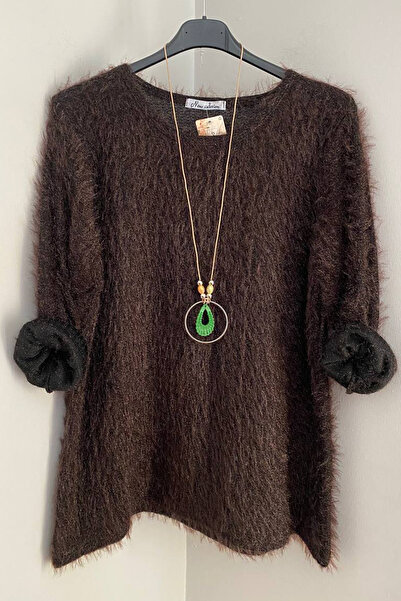 AYASOFYA OTANTIK Bluză pulover pentru femei, maro italian, cu gât rotund, cu accesorii pentru colier, tricot casual cu barbă