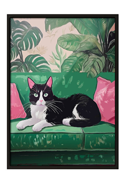 Zestia Pictură de perete înrămată în negru Pisică botanică pe scaun – Decor p...