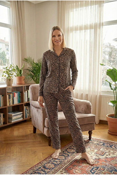 STELLAPİNK طقم بيجامة بأكمام طويلة من جلد الغزال بتفاصيل نمط الفهد متعدد الألوان