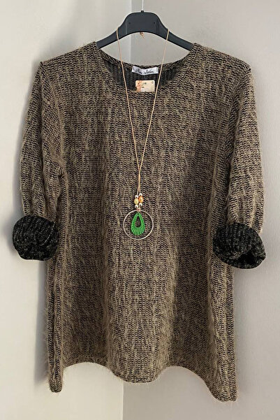 AYASOFYA OTANTIK Bluză pulover tricotată cu barbă, cu guler rotund, din nurcă italiană, pentru femei, cu accesorii pentru colier