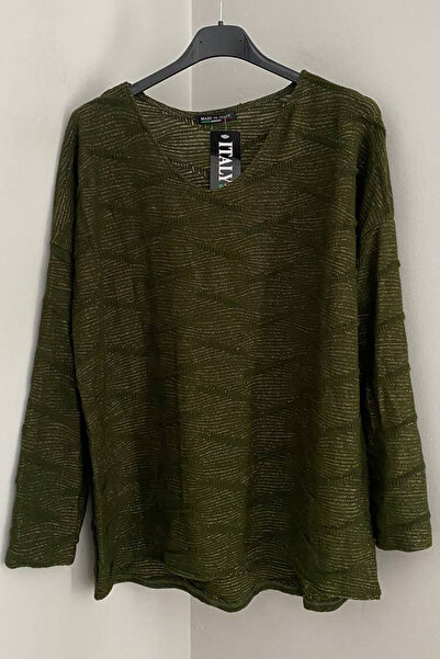 AYASOFYA OTANTIK Women's Italian Khaki Round Neck Glitter Textured Long Sleev...