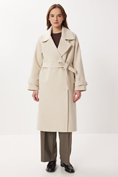 Lovelyİstanbul Double-Breasted Collar Belted Cashmere Coat Ldw0007 Cream Melange