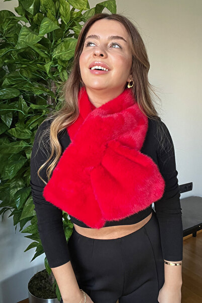 PİCCO Peluş Kürk Görünümlü Kadın Kırmızı Kadın Atkı Şal Dokulu Şık Kışlık Kaşkol