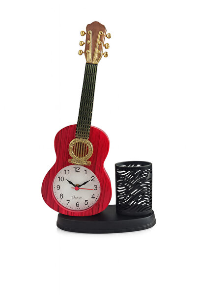Bittox Gitar Tasarımlı Kalemlikli ve Kalemtraşlı Dekoratif Masa Saati-Müzik T...