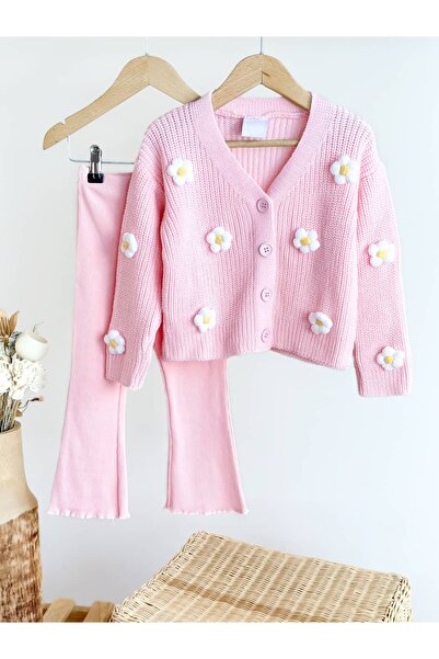 Pinkitokids Örgü Papatya Detaylı Hırka ve Tayt Kız Çocuk Takım