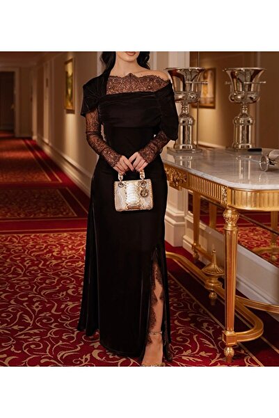 Kendllksa فستان سهره مخمل كوري الاكمام دانتيل